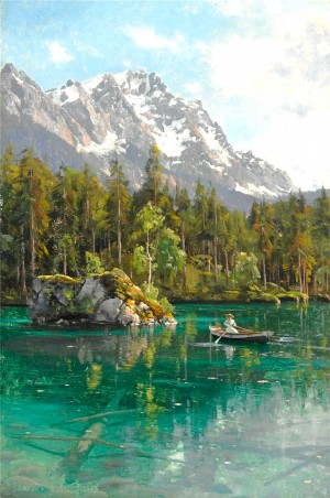 Landscape with peaks and a mountain lake by Peter Mork Monsted